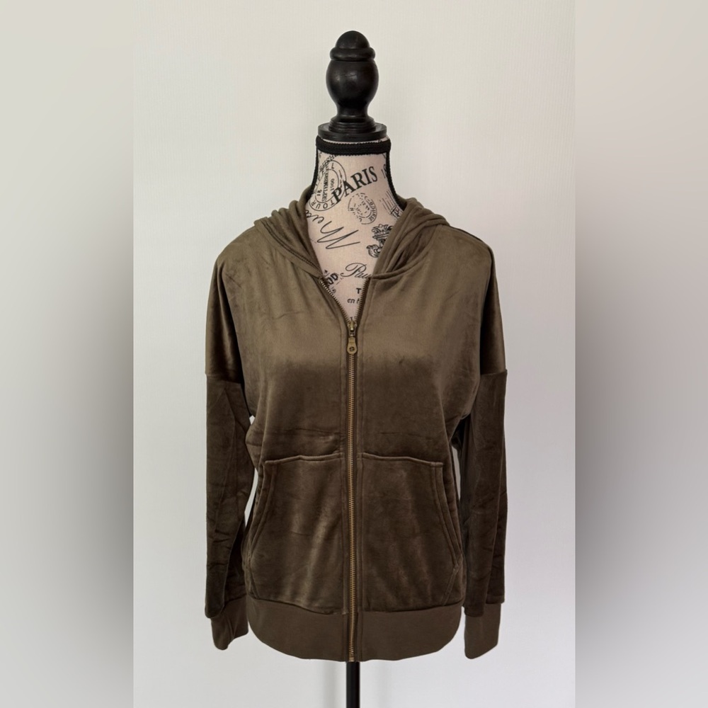Felina Womenโs Velour Zip-Up Hoodie Deep Olive Green Size Small